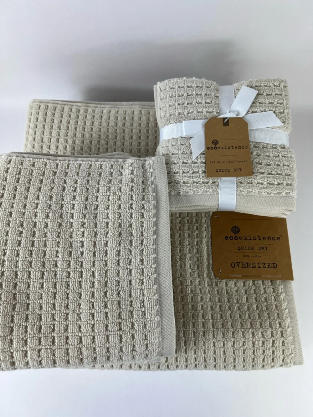 Ecoexistence Oversized Bath Towel Set Tan Waffle Cotton Quick Dry Set of 8 NEW